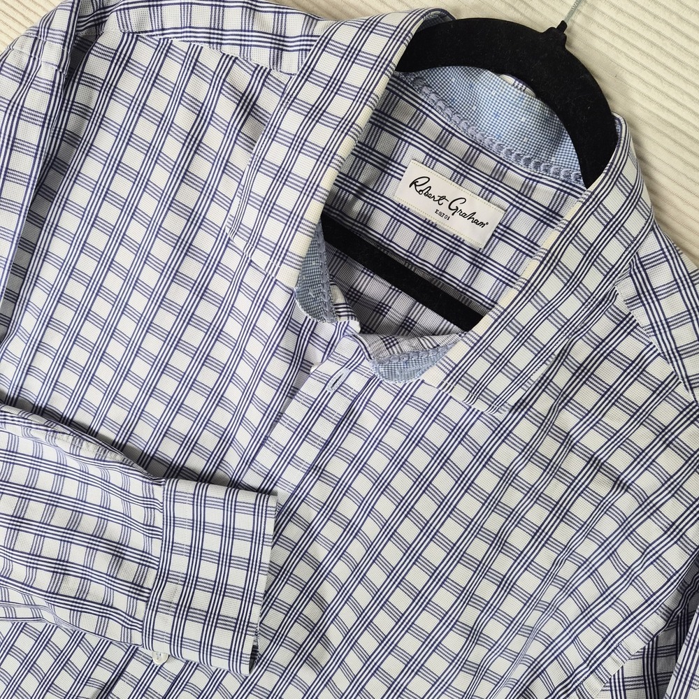 Robert‎ Graham ES01 Blue White Plaid Button Down Shirt Mens 17.5 34/35 XL